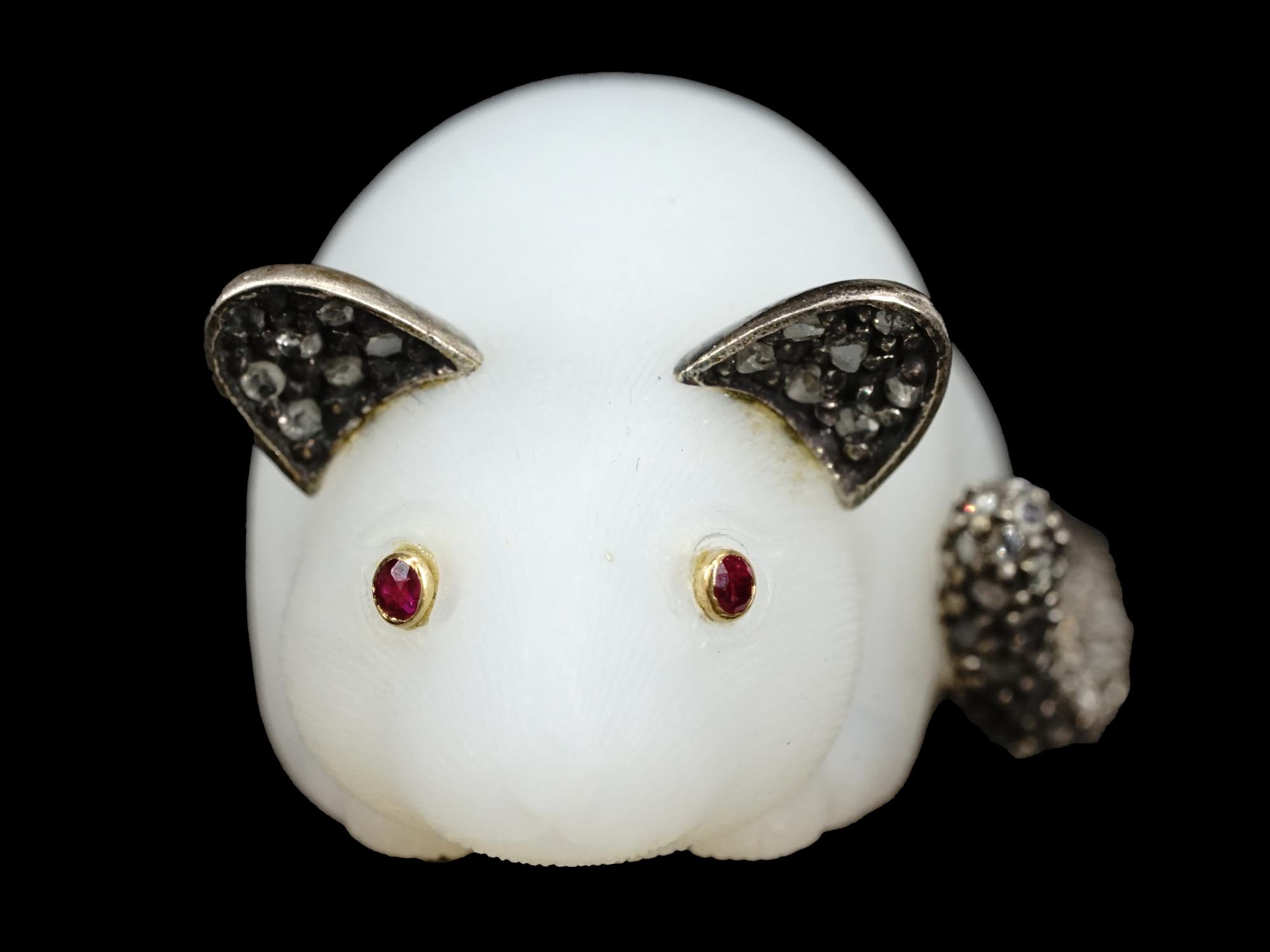 RUSSIAN SILVER WHITE NEPHRITE MOUSE WITH DIAMONDS PIC-2